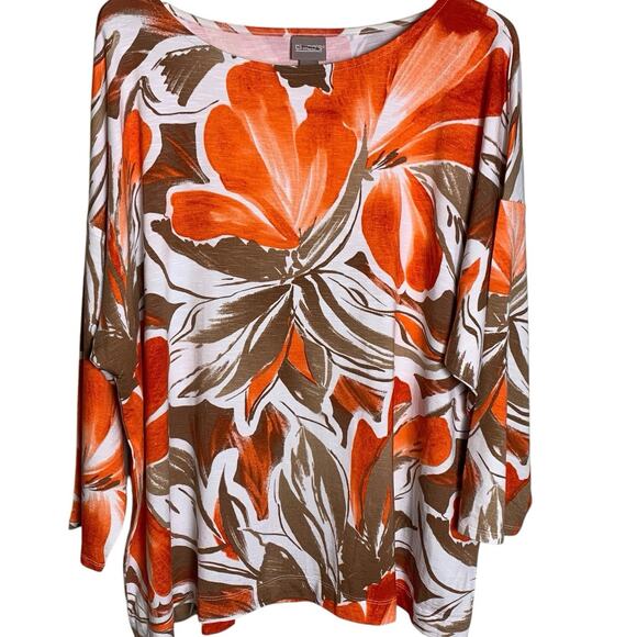 Chico's Top NWT Sz 4 (2x) Liquid Knit Tropical Heat Elbow Sleeve High Boat Neck - Picture 2 of 8